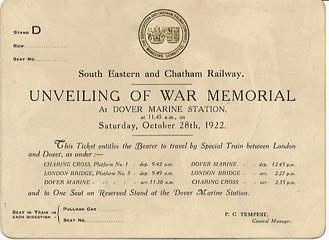 Invitation to theunveiling of war memorial at dover marine station