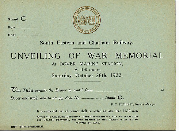 Invitation to the unveiling of war memorial at dover marine station