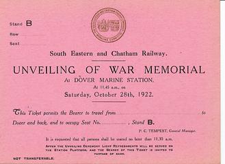 Invitation to the unveiling of war memorial at dover marine station