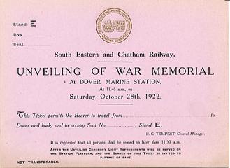 Invitation to the unveiling of war memorial at dover marine station