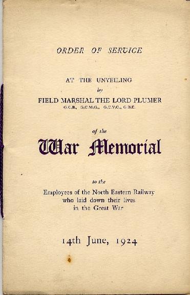 Order of service at the unveiling of the war memorial at York