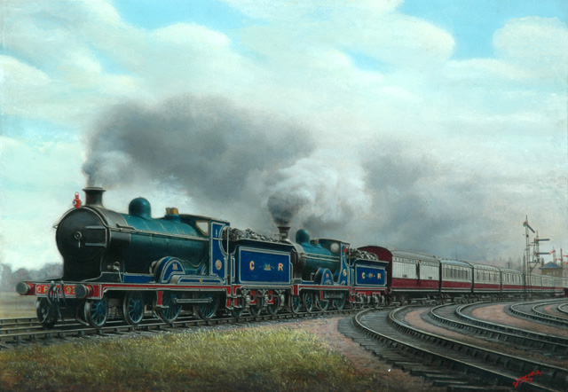 Painted photograph by F Moore, Caledonian Railway train leaving Carlisle hauled by two 4-4-0 locomotives