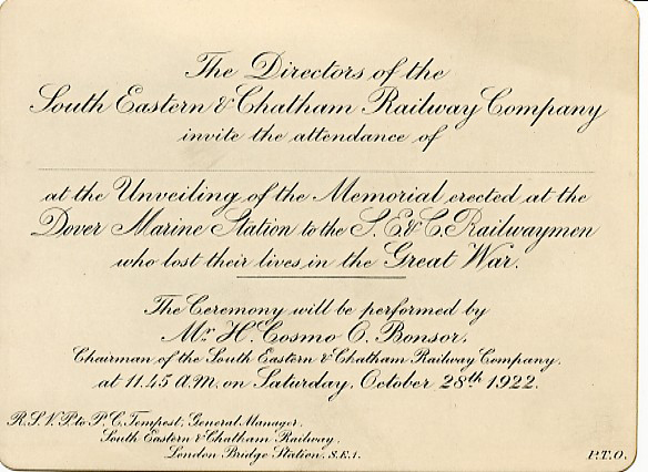 Invitation to the unveiling of war memorial at dover marine station