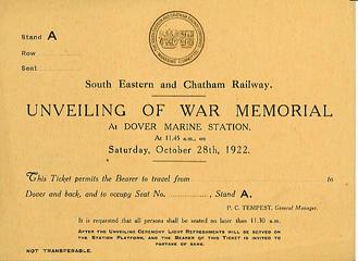 Invitation to the unveiling of war memorial at dover marine station