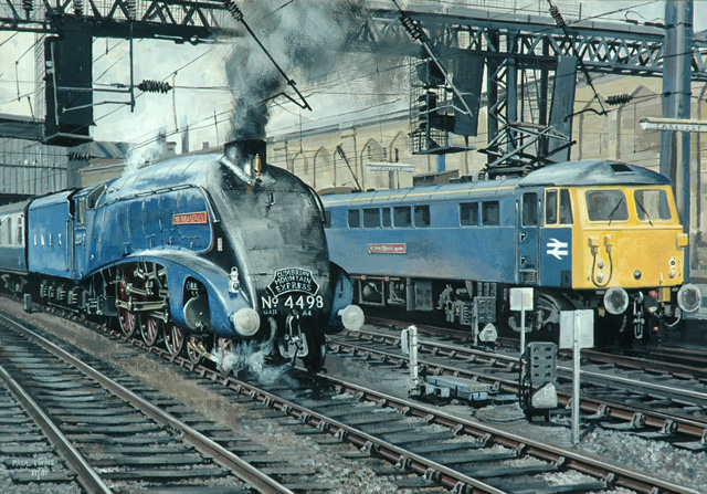 Steam locomotive 'Sir Nigel Gresley' and electric locomotive 'William Shakespeare' at Carlisle Station