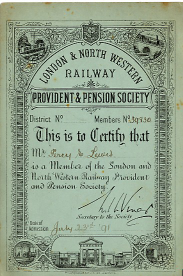 Membership certificate issued by London & North Western Railway Provident & Pension Society to Mr Percy E Lewis