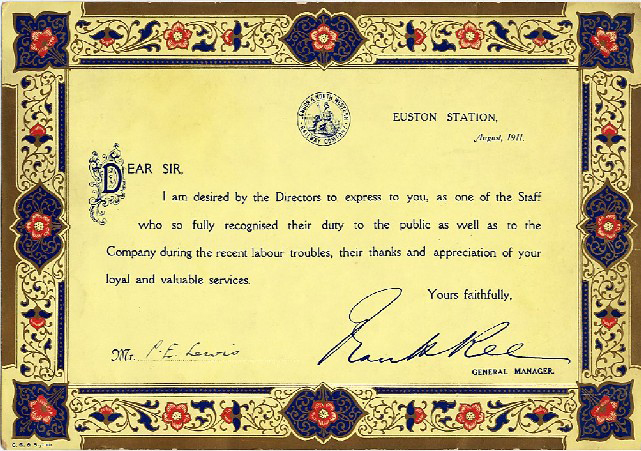 Certificate issued by London & North Western Railway Company to Mr P E Lewis