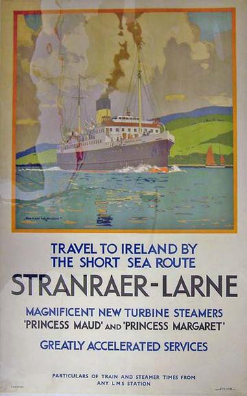 LMS Stranraer to Larne poster showing a turbine steamer at sea