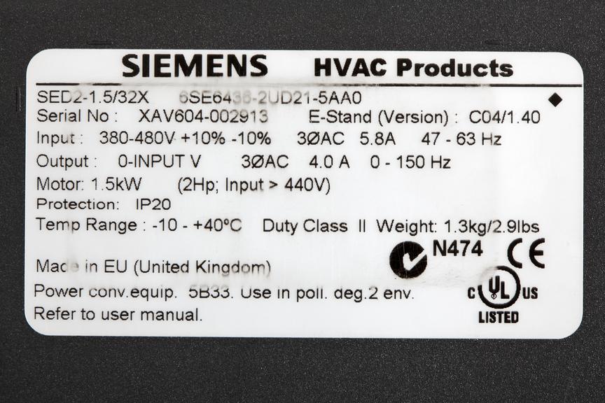 SED2 variable speed electric motor drive makers label made by