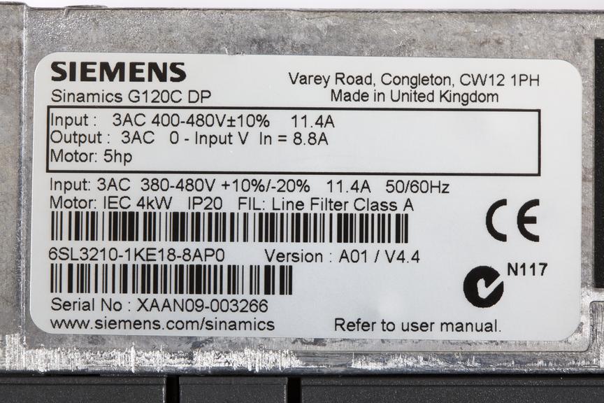 Variable speed motor drive barcode made by Siemens in Congleton