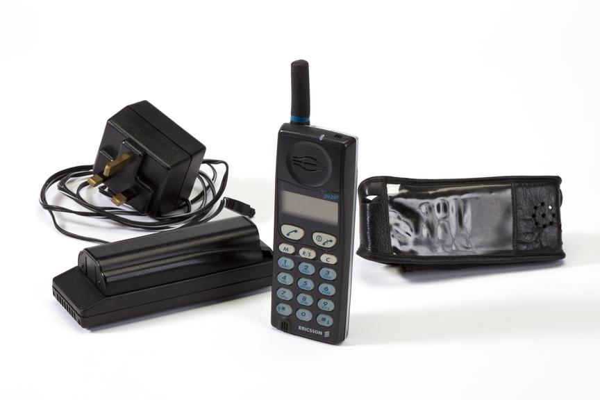 Ericsson EH237 analogue mobile phone with carry case, c. 1994.