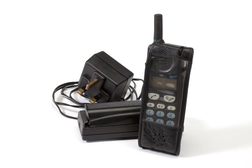 Ericsson EH237 analogue mobile phone with carry case, c. 1994.