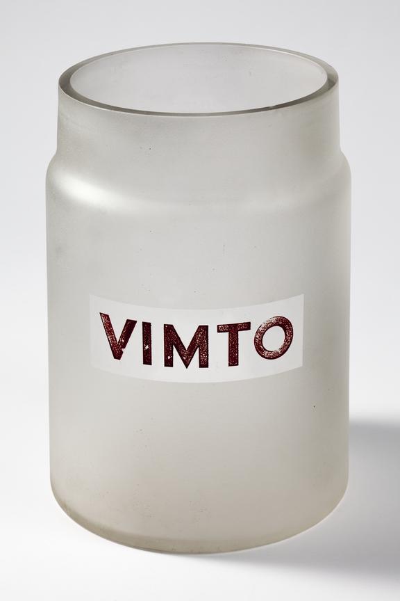 glass jar inscribed VIMTO in red lettering.