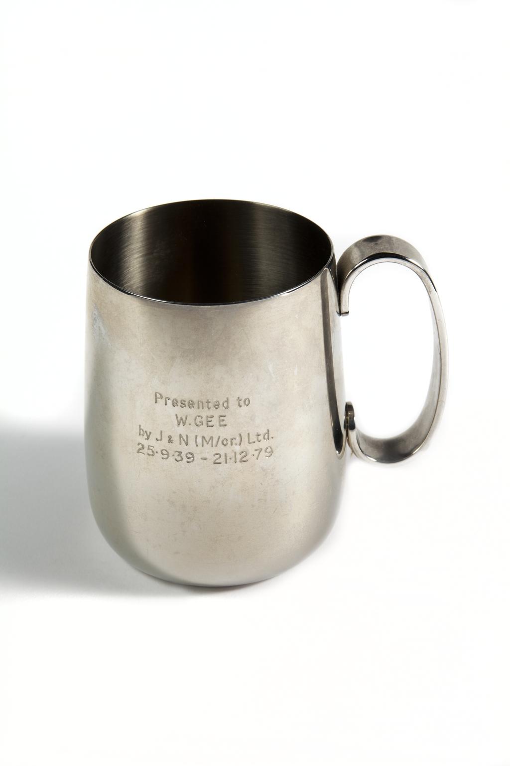 Presentation tankard given on the retirement of Walter Gee from Richard Johnson & Nephew