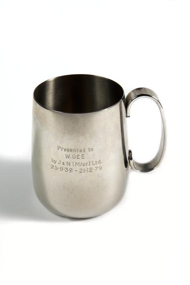 Presentation tankard given on the retirement of Walter Gee from Richard Johnson & Nephew