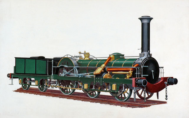 Oil painting by H M Whitcombe. Northern Railway of France 4-2-0 locomotive no 122 built by Thomas Crampton