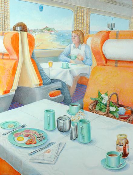 Interior of Restaurant Car with Diners Looking Out Over Beach (painting; oil painting; poster artwork)