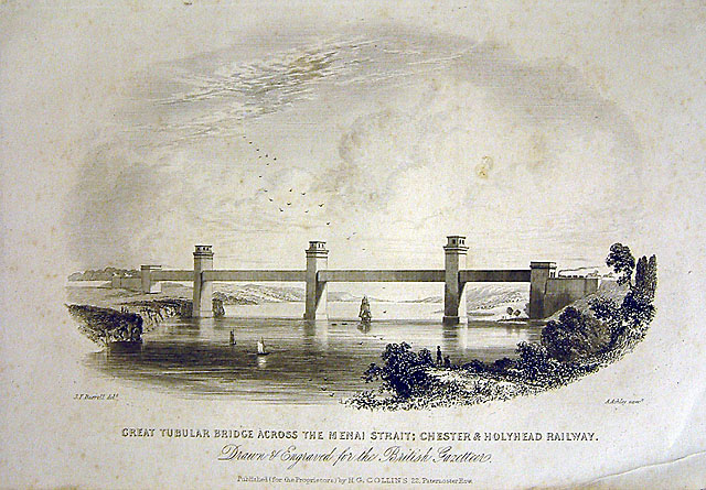 Engraving 'Great Tubular Bridge across the Menai Strait: Chester and Holyhead Railway', by J F Burrell