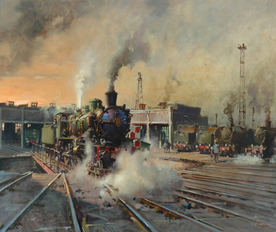 Nord 2-3-0 at SNCF Boulogne shed (painting; oil painting)