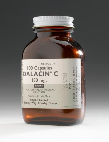 Bottle, empty, used for dalacin C capsules, made by Upjohn Ltd