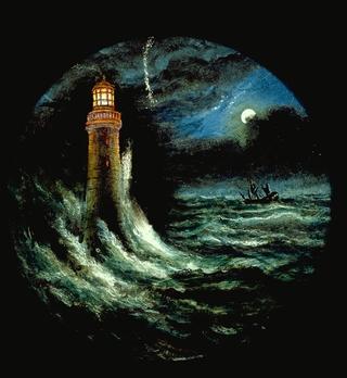 Magic lantern slide: Lighthouse in a storm