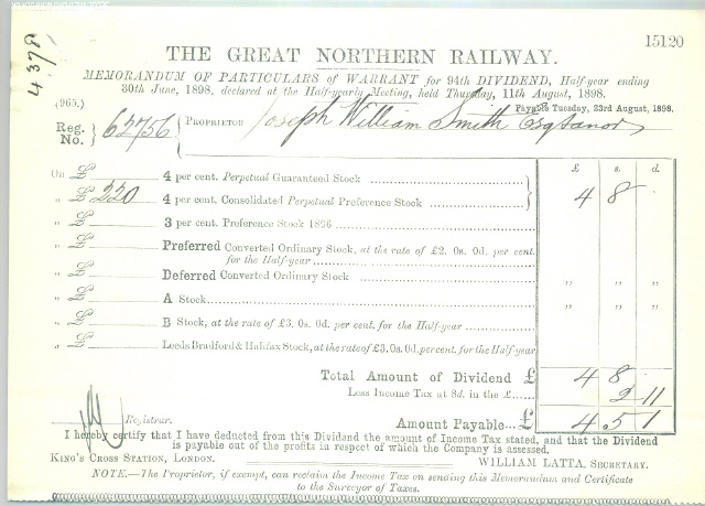 The Great Northern Railway Company Memorandum of Particulars of Warrant for 94th Dividend