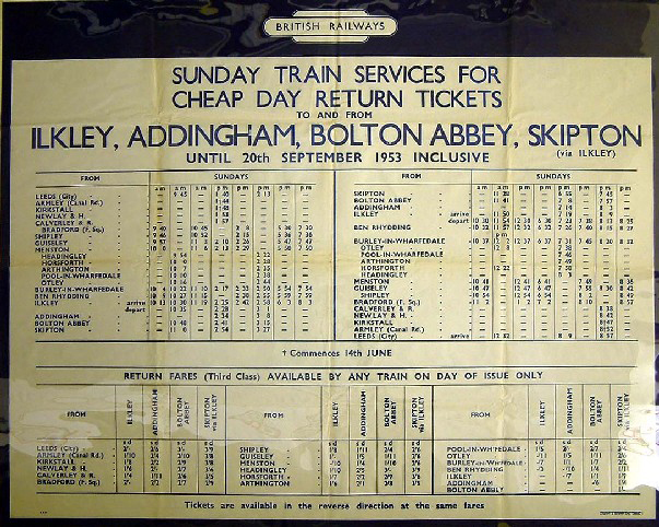 Sunday Train Services. Cheap Day Return Tickets to and from Ilkley, Addingham, Bolton Abbey, Skipton (poster)