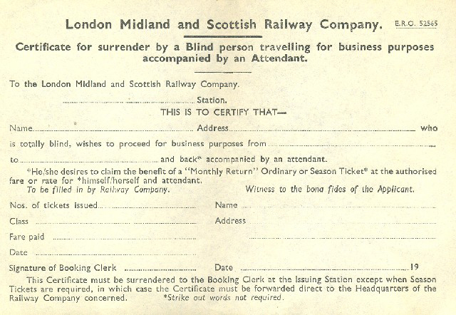 certificate for surrender by a blind person travelling for business purposes accompanied by an attendant (form)