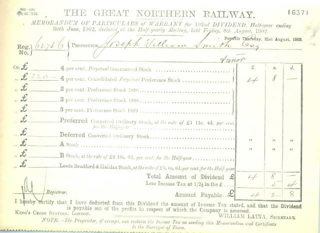 The Great Northern Railway Company Memorandum of Particulars of Warrant for 102nd Dividend