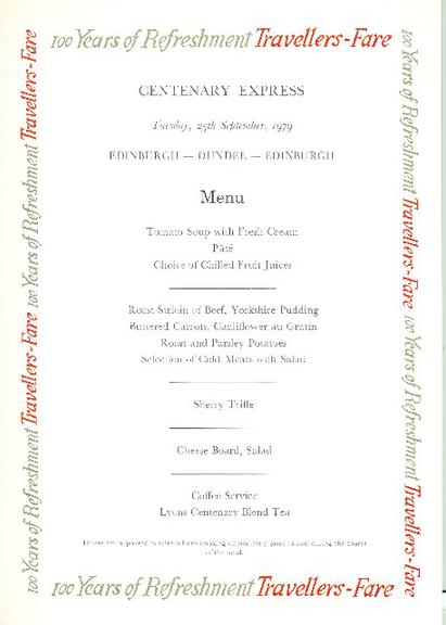 100 years of refreshment travellers-fare centenary express (menu)