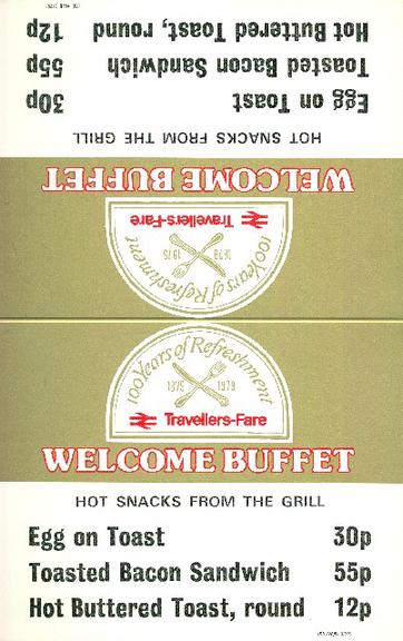 100 years of refreshment travellers fare welcome buffet hot snacks from the grill (display card)