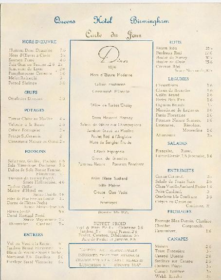 Queens Hotel Birmingham - Carte du Jour (menu)