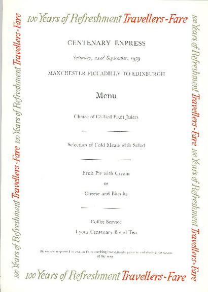 100 years of refreshment travellers fare centenary express (menu)