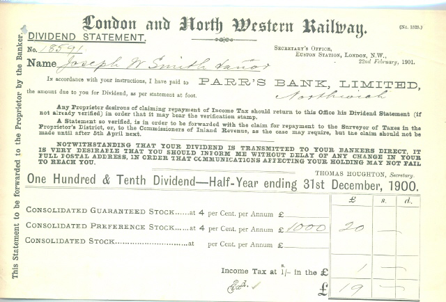 London and North Western Railway Dividend Statement (certificate)