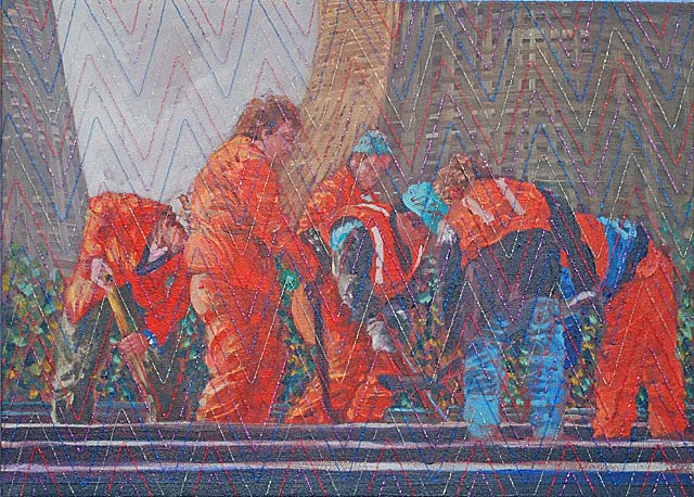 Track Gang by Cooling Towers (painting; oil painting)