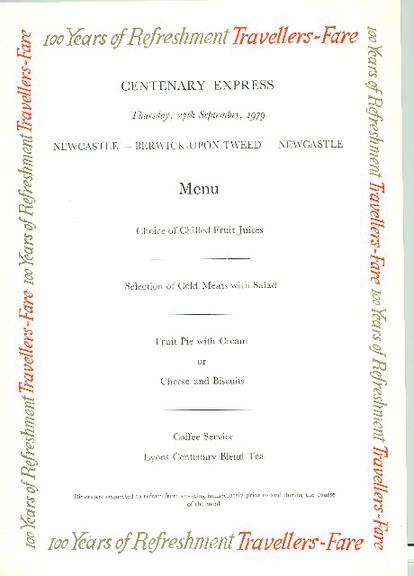 100 years of refreshment travellers fare centenary express (menu)