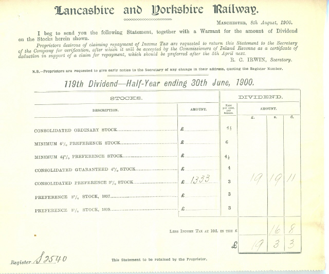 Lancashire and Yorkshire Railway Dividend Warrant