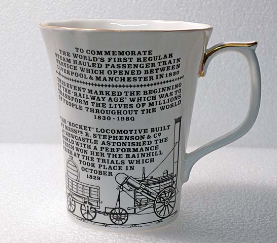 Commemorative mug, 150th anniversary of the first regular steam hauled passenger train, Liverpool to Manchester