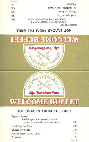 100 years of refreshment travellers fare welcome buffet hot snacks from the grill (display card)