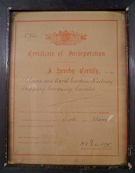 Wilsons and North Eastern Shipping Company (certificate of Incorporation)