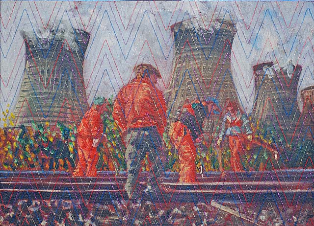 Track Gang with Cooling Towers in Background (painting; oil painting)