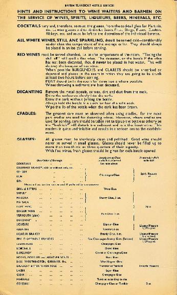 hints and instructions to wine waiters and barmen on the service of wines, spirits, liqueurs, beers, minerals, etc (instruction sheet)