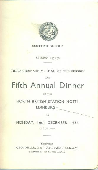 Institute of Transport Scottish Section Third Ordinary Meeting of the Session and Fifth Annual Dinner (programme)