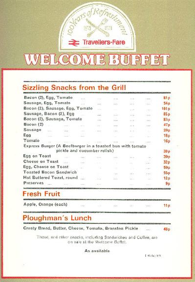 100 years of refreshment travellers fare welcome buffet (menu)