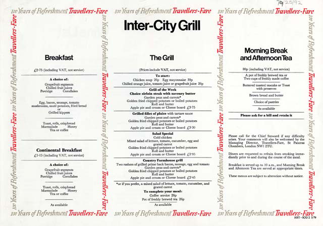 100 years of refreshment travellers fare intercity grill (menu)