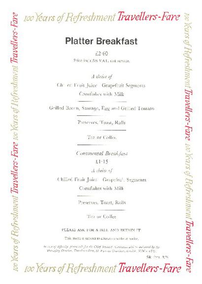 100 years of refreshment travellers fare platter breakfast (menu)