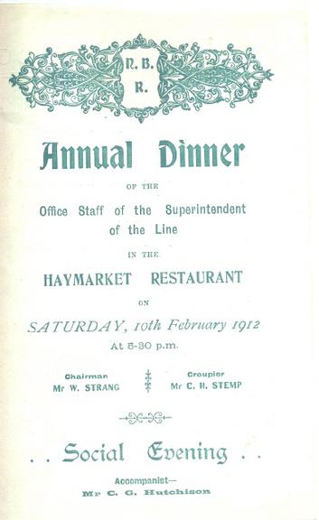 North British Railway Annual Dinner of the Office Staff of the Superintendent of the Line