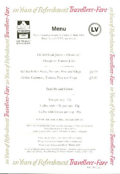 100 years of refreshment travellers fare menu (menu)