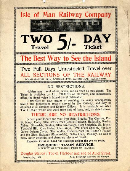 Isle of Man Railway Company Two Day Travel Ticket 5/-