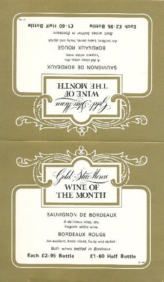 100 years of refreshment travellers fare gold star menu wine of the month (display card)